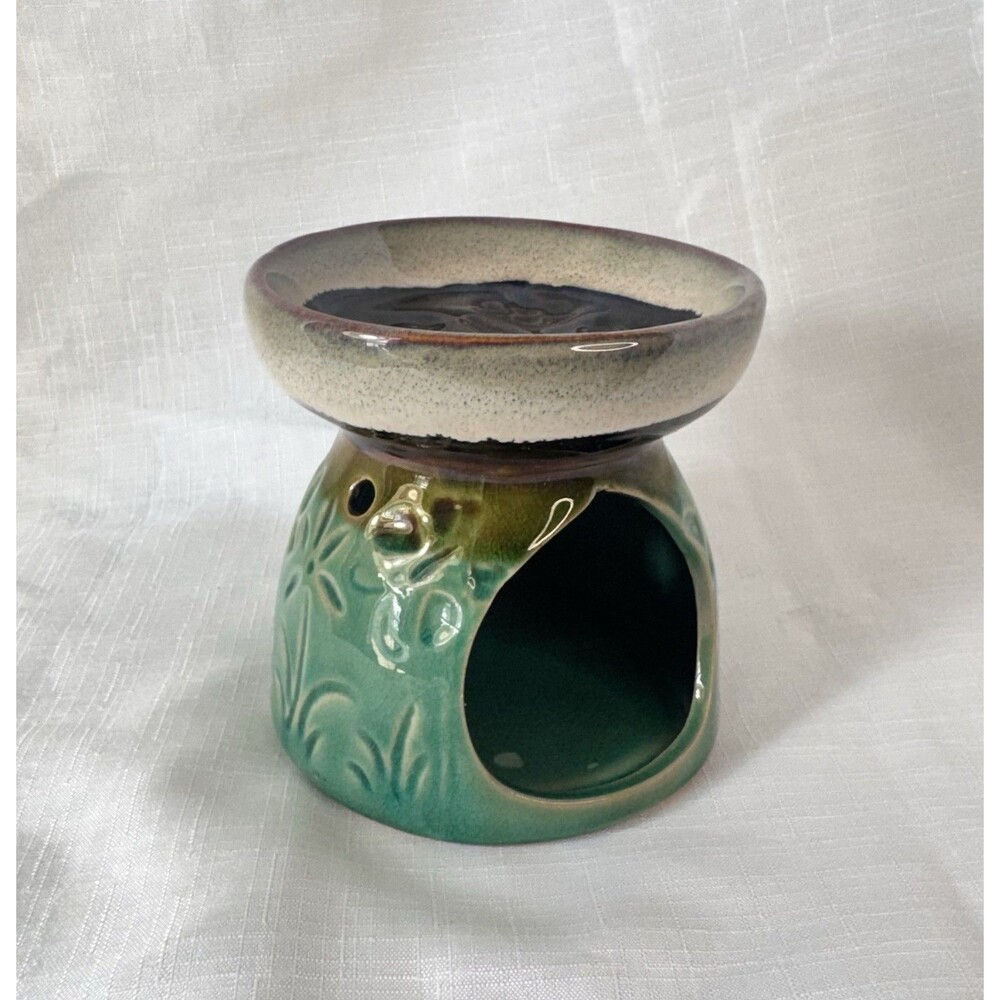 Vintage 1990s Wax/Oil Burner Ceramic Flowers Butterfly Incense Holder Green 4"